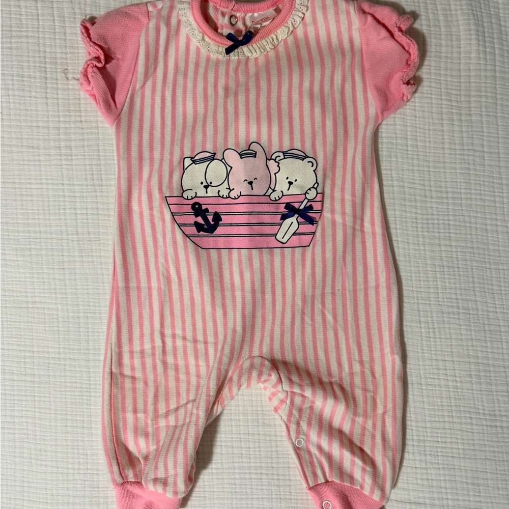 Vintage Buster Brown Pink Nautical Romper Striped with Sailor Bears & Bows